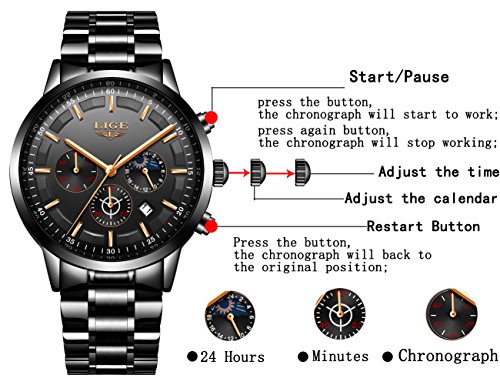 LIGE Mens Watches Waterproof Stainless Steel Sport Analogue Quartz Watch Men Business Casual Chronograph Date Moon Phase Military Black Wrist Watch