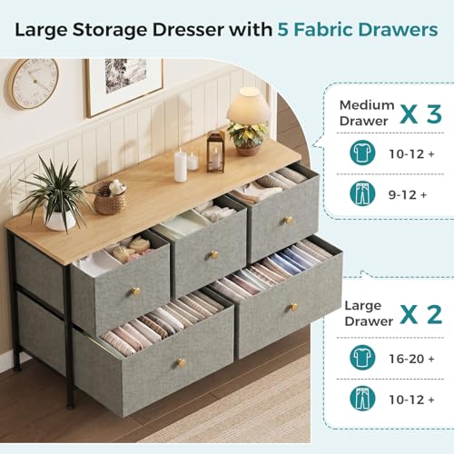 Image of OLIXIS 5 Drawer Dresser for Bedroom, Storage Organizer Unit for Closet | Chest of Drawers for Clothes Storage with Bins, Wide Fabric Bedroom Dresser, Wooden Top, Living Room, Ink Green