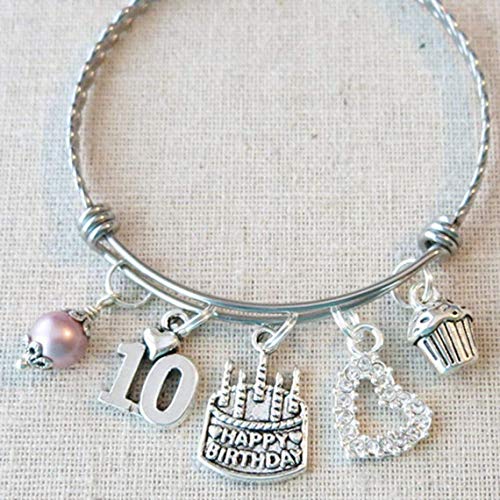 10th BIRTHDAY Bracelet with 60 mm Bangle, 10th Birthday Charm Bracelet, Granddaughter Daughter Gift Idea, Tenth Birthday Gift, 10 Year Old Birthday Bangle2