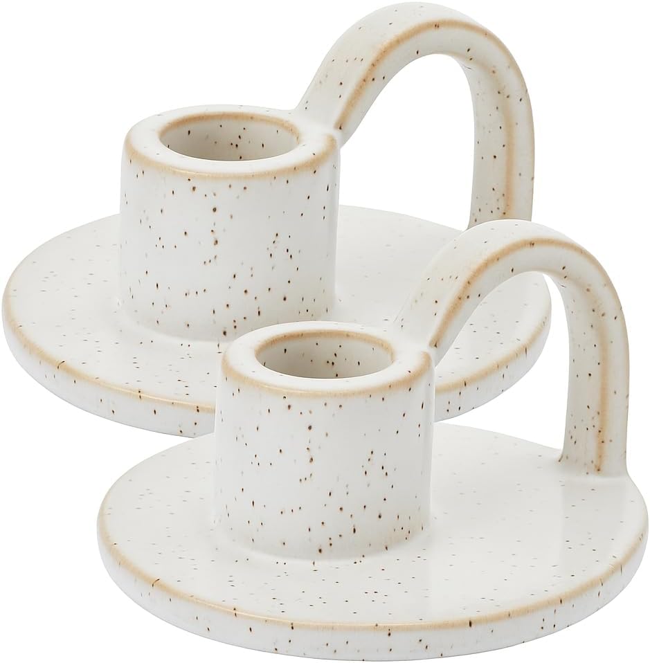 Ceramic Taper Candle Holders with Handle (Set of 2) – Tall Candlestick Holders for Table Decor Centerpieces, Rustic Home Décor, and Dinner Table Styling Vanilla