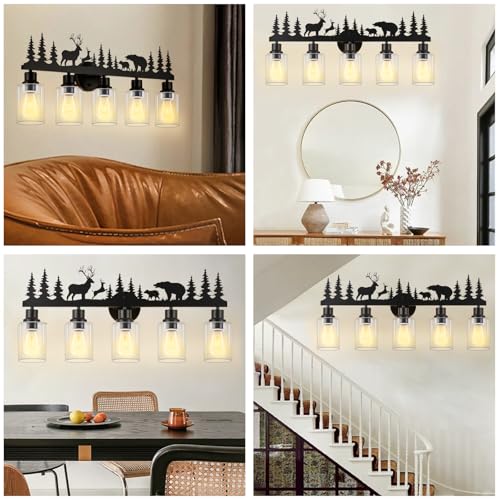 Image of Rustic Bathroom Light Fixtures with Deer Bear,5-Light Vanity Lamp | Farmhouse rustic style, Deer Bear Design,Clear Glass Shade,Wall Light for Bathroom, Hallway, Kitchen, Porch,Study, Bar