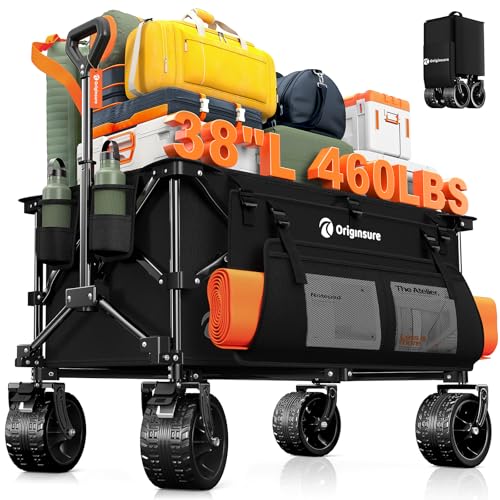 Originsure 38'L Collapsible Wagon Cart Foldable, 460lbs Weight Capacity 220L Heavy Duty Folding Beach Wagons with Big All-Terrain Wheels, Utility Carts for Groceries, Shopping, Camping, Sports - Black