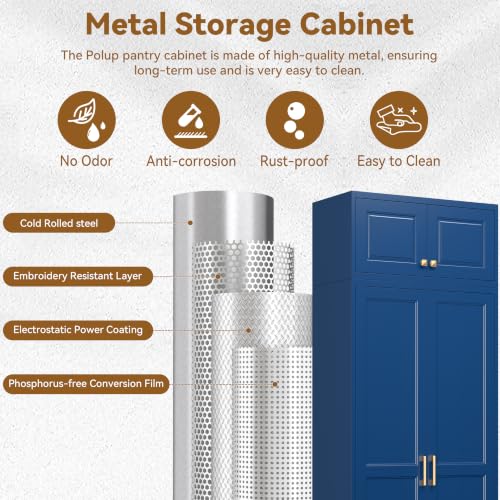 Image of Polup 86 inch Tall Metal Kitchen Pantry Storage Cabinet with Doors and Shelves | Heavy-Duty Blue Cabinet, 4 Adjustable Shelving, Gold Handles, Magnetic Latch, for Dining Living Room, Bathroom & Garage