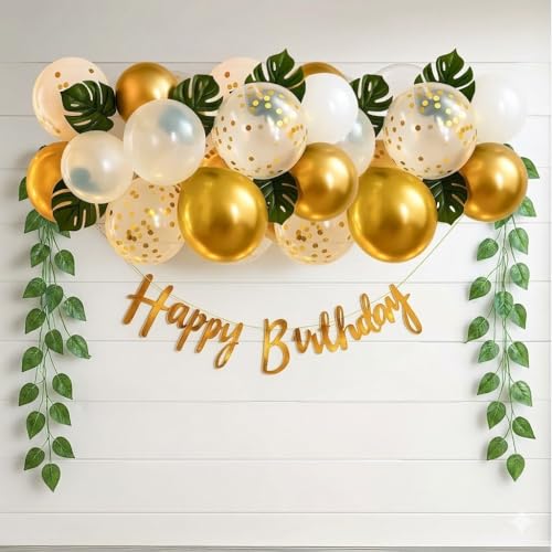 Image of Golden Birthday Decoration Set Happy Birthday Decoration Kit With Golden Balloons & Artificial Green Leaves Vine Creeper & Confetti Balloons And HBD Banner (birthday kit)