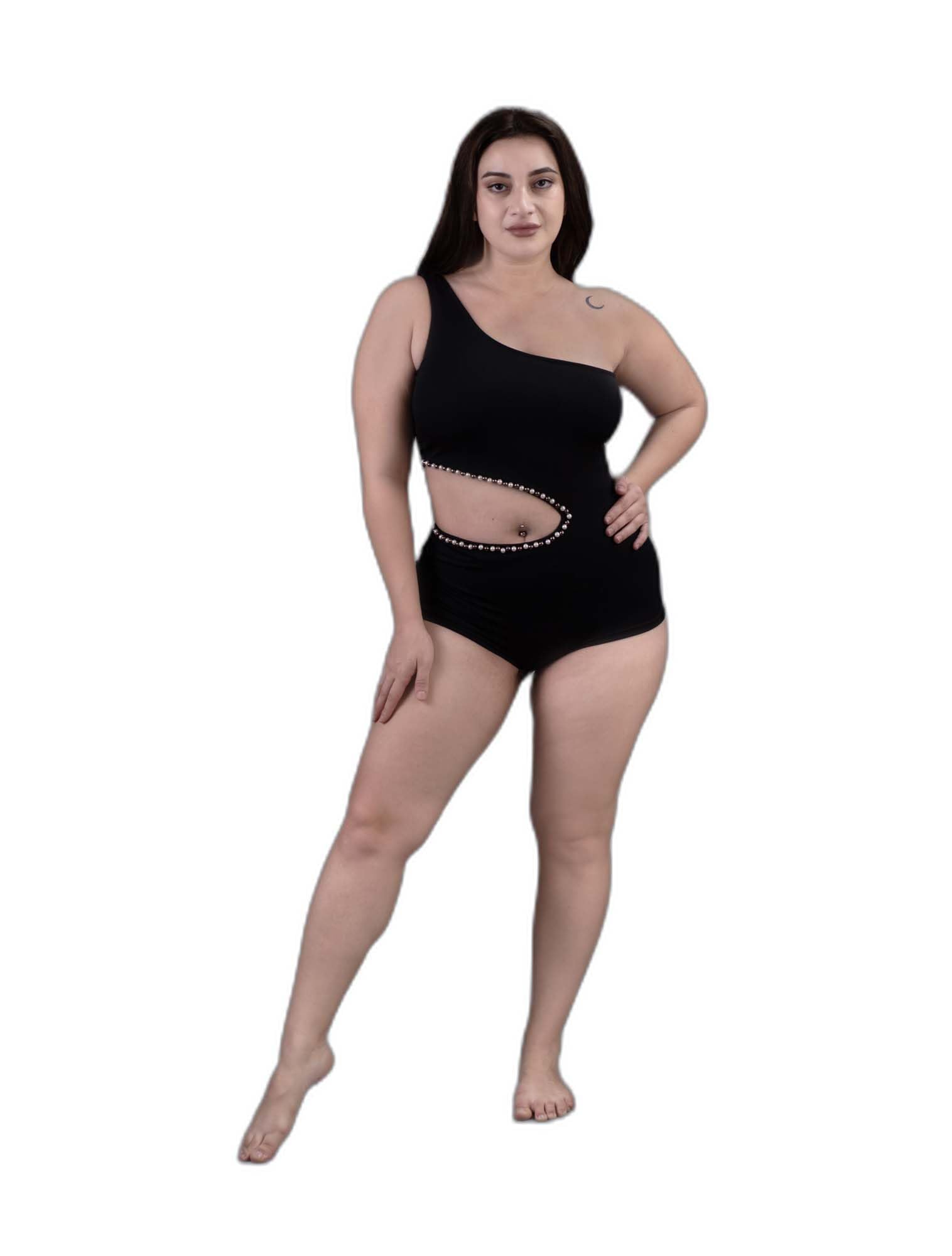 keepfit one Piece one Shoulder Cutout Padded Plus Size Swimsuit for Women (Black)-picture-29