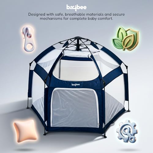 Image of Baybee 140 x 110 Cm JoyNest Kids Playpen for Babies Up to 5 Years | Foldable Playard for Babies with Mosquito Protection & Zipper Lock | Baby Indoor & Outdoor Play Area Setup with Hexagon shape for Extra Space (Blue)