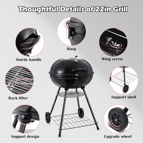 HaSteeL-22-Inch-Charcoal-Grill-2-Layer-Grilling-Racks-Heavy-Duty-Kettle-Outdoor-BBQ-Grill-Large-355-Square-Inches-for-Camping-Backyard-Picnic-Patio-Barbecue-Cooking-Round-Black-Enamel-Lid-Bowl