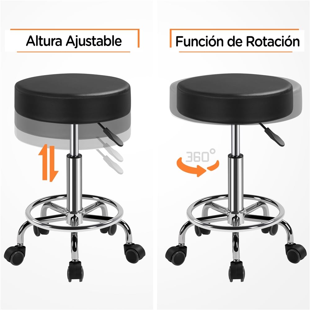 Yaheetech Taburete con Ruedas Taburete Giratorio 360° Silla de Salón para Salón de Belleza y Masaje Altura Regulable de 50,5 a 65 cm, Negro
