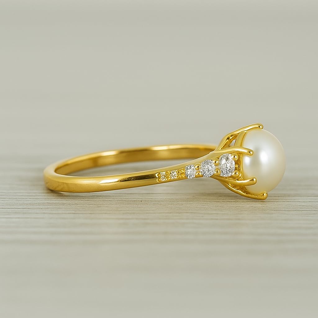 Freshwater Pearl Engagement Ring for Women 14K Yellow Gold Round Pearl Ring with CZ Diamonds Dainty Bridal Promise Ring Classic Vintage Inspired Jewelry Gift