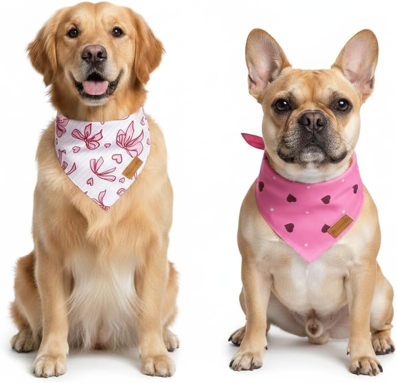 Pink Dog Bandanas 2 Pack for Dogs, Heart & Bow Print Adjustable Triangle Dog Scarf, Soft Washable Pet Bandana for Small Medium Large Dogs, Cute Stylish Dog Accessories image 2