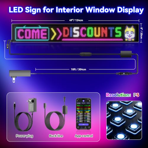Image of Large Programmable LED Sign, P5 Resolution Indoor Store LED Sign, Bluetooth APP, for Business Retail Shop Window Display (49 inchx 8 inch)