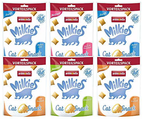 animonda Milkies Katzensnack mit Milch - Milchsnack Selection Multipack (6 x 120g) getreidefreie Knusperkissen Milch Katzensnacks für Erwachsene Katzen