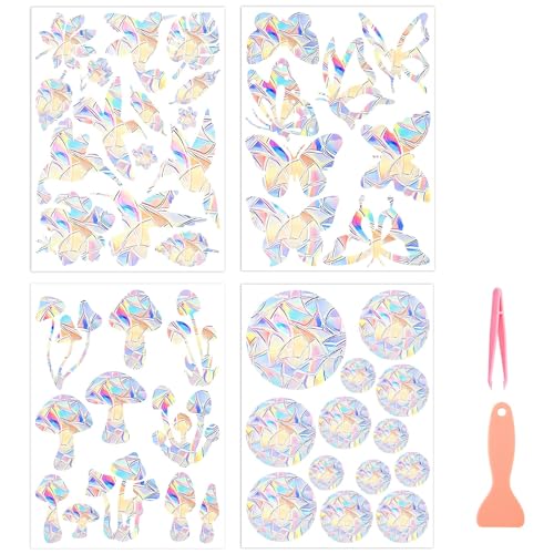 AMFUN 4 piezas Pegatinas de Ventana de Primavera, Pegatina de Prisma para Ventanas, protección para Aves con Pegatinaing Anti-colisión para Habitación y Oficina(Mezclado)