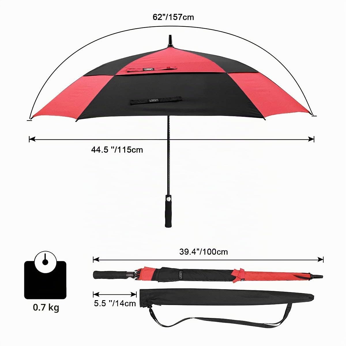 G4Free 62 Inch Quadratischer Golfschirm Übergroß Doppelt Überdachung für 2-4 Personen Großer Regenschirm Winddichter XXL Stockschirm Automatik Auf, Rot/Schwarz