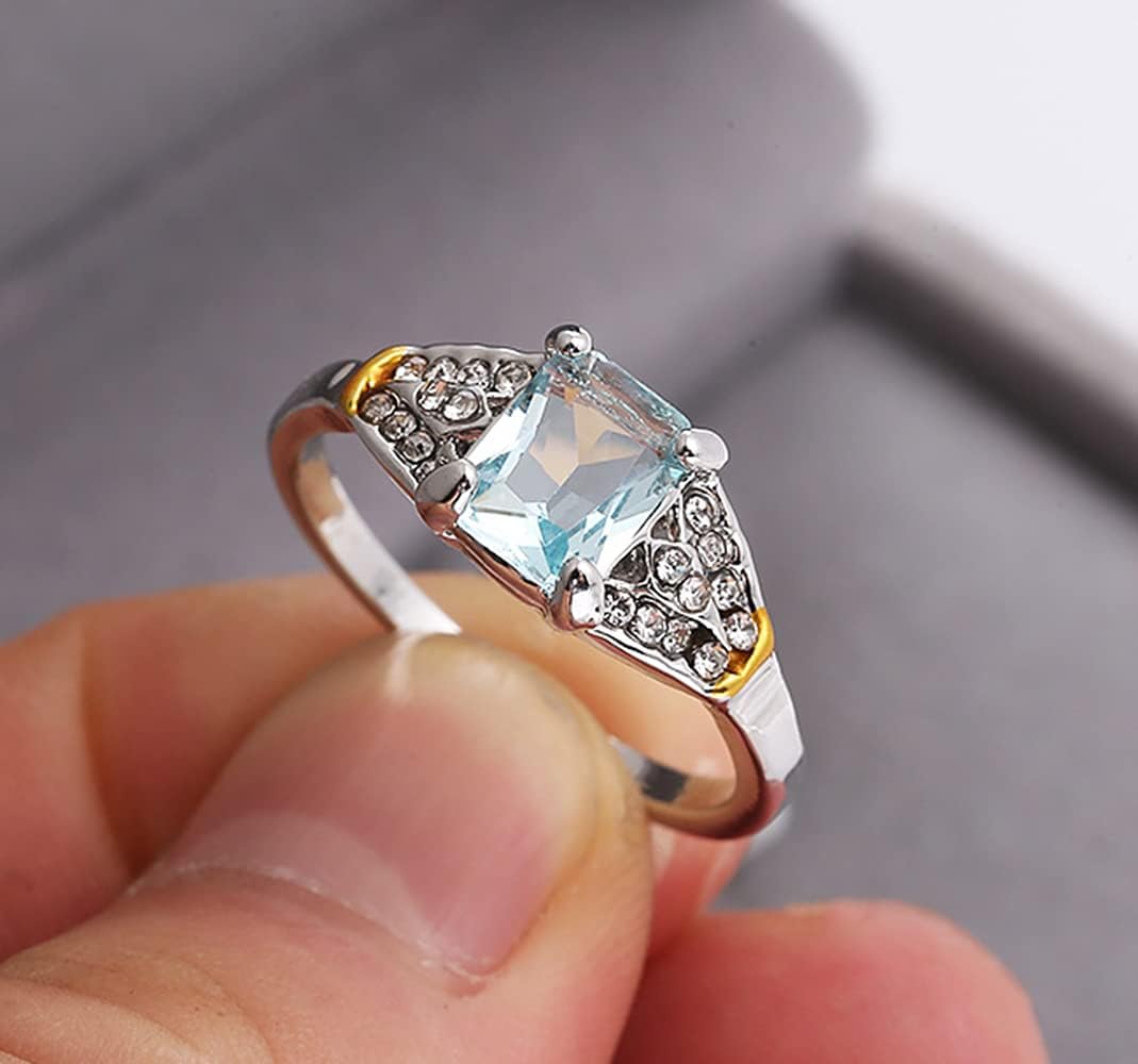 Vintage Women Aquamarine Gemstone Ring 14k White Gold Plated Blue CZ Crystal Wedding Bridal Band Ring