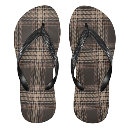 Sinestour Plaid Black Brown Flip Flops for Beach Thong Sandals Anti-slip Lightweight Flat Slippers for Indoor Outdoor House