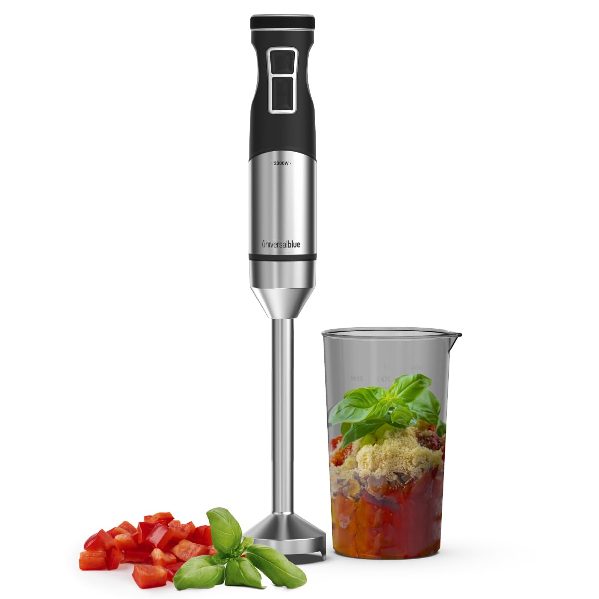 UNIVERSALBLUE Powerful Hand Blender with 2300 W with DC Motor, Turbo and 9 Speeds – Stainless Steel Blades – Chop and Crush Ice, 700 ml Cup, Ergonomic and Easy to Clean