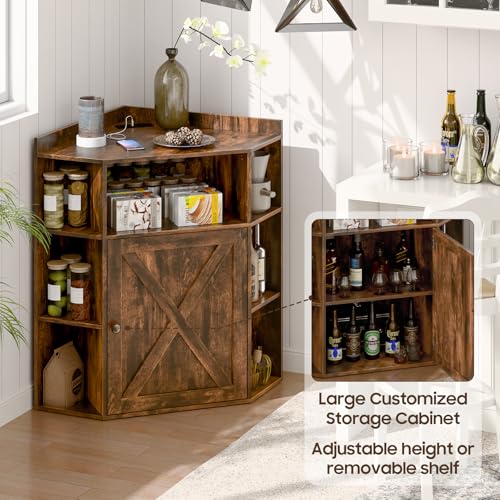 Image of Halitaa Corner Storage Cabinet, Farmhouse Corner Bookshelf with Storage 6-Cubby Wooden Cabinet with USB Ports and Outlets Industrial Organizer for Small Space, Study, Playroom, Living Room