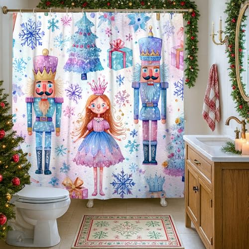 Duschvorhang mit Nussknacker-Motiv, festlich, fantasievolle Prinzessin, Weihnachtsbaum, Weihnachten, waschbar, mit Haken, Designdruck, Badvorhänge für Badezimmer, Toilette, Gästezimmer, Dekoration