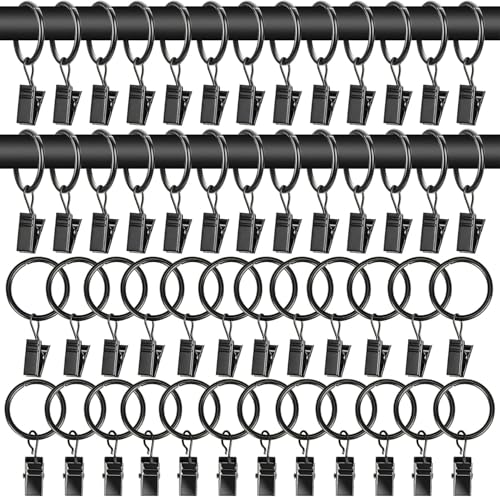 MAQIHAN 50 Pcs Curtain Rings with Clips - 1.26 in Black Metal Drapery Rings