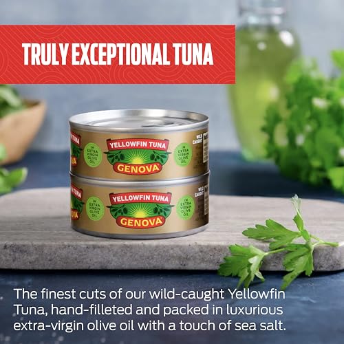 Image of Genova Premium Yellowfin Tuna in Extra Virgin Olive Oil with Sea Salt, 5 Ounce Cans (Pack of 24), Wild Caught, Solid Light