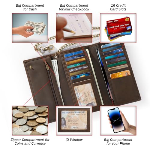 Mens Chain Wallet, Biker Trucker Wallets with Long Strong Chains, Genuine Leather Trifold Billfold, Snap, Brown4