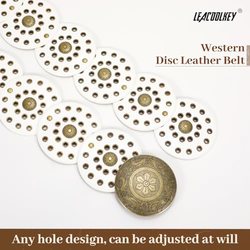 Image of LEACOOLKEY Women's Boho Disc Belt Wide Western Leather Belt Vintage Concho Waist Belts for Dress Jeans