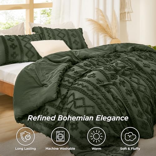 Bedsure Tufted Boho Comforter Set Twin Size - Olive Green Boho Bed Set, GentleSoft™ 2 Pieces Farmhouse Shabby Chic Embroidery Bedding, Gifts for Woman, Soft Jacquard Twin Comforter for All Seasons