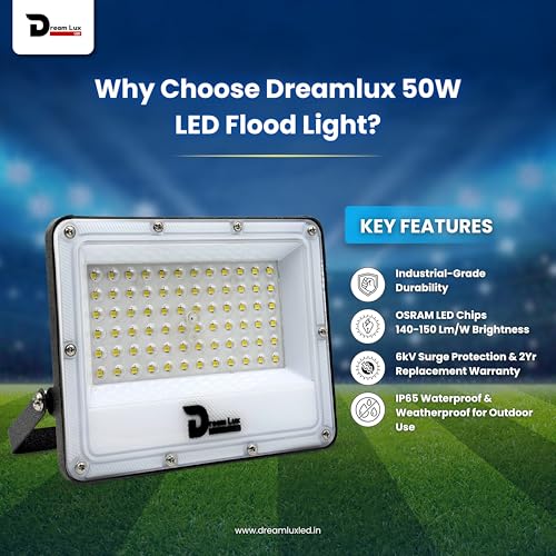 Image of Dreamlux LED Flood Light 50W, IP65 Waterproof Outdoor Light, Cool White 6500K, 130-140 lm /W, Aluminum Body, 6kV Surge Protection, BIS Certified Security Light (Pack of 3pc)