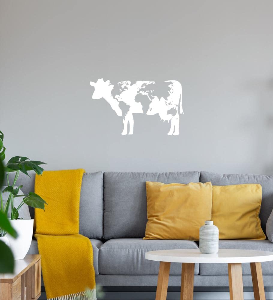 Kuh mit Weltkarte Wandtattoo Weiß Aufkleber 74 x 45 cm