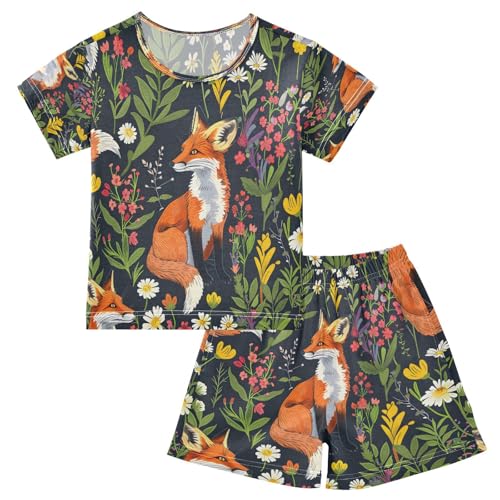 senya Short Sleeve Pajamas Sets Summer Cotton Sleepwear Fox and Piant Flower