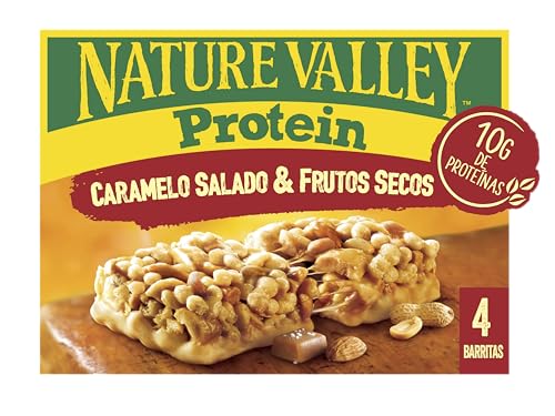Nature Valley Protein, Barrita de Caramelo Salado y Frutos Secos con 10g de Proteína, Sin Gluten, Apto para Vegetarianos, 4x40g