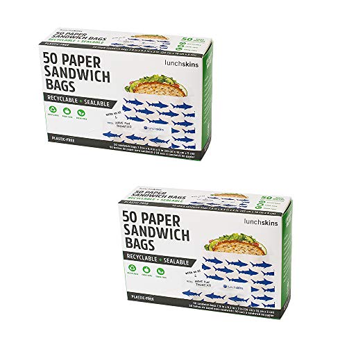 Lunchskins Recyclable & Sealable Paper Sandwich Bags 100 Count (2-Pack) | Shark Design | Eco-Friendly Grease-Resistant Glassine Snack Bags with Self-Adhesive Closure for Freshness