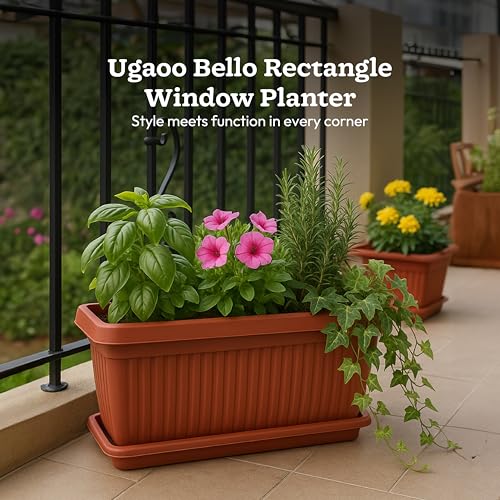 Image of UGAOO Bellow Rectangle Window Planter - Set of 3 | Terracotta Colour | Long & Deep Planters for Balcony Railings, Windowsills & Gardens | Lightweight, Durable & Recyclable | Matte Finish