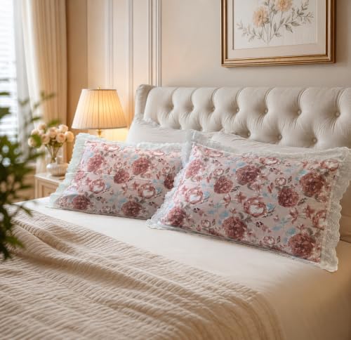 Image of VHC 100% Cotton Lace Pillow Cover /Case Set (Pack of 2)-Maroon (Rosemist)