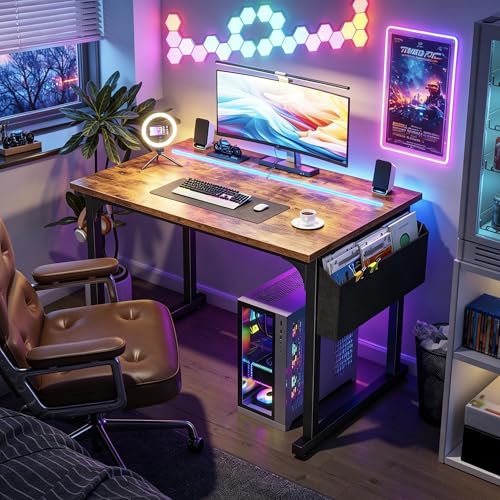 Image of DurayLoly 32 inch Computer Desk with Waterproof LED Lights,Bedroom Study Desk for Teens,Dorm Room Essentials,Headphone Hook&Storage Bag for Small Spaces,Sturdy Metal Frame,Rustic Brown