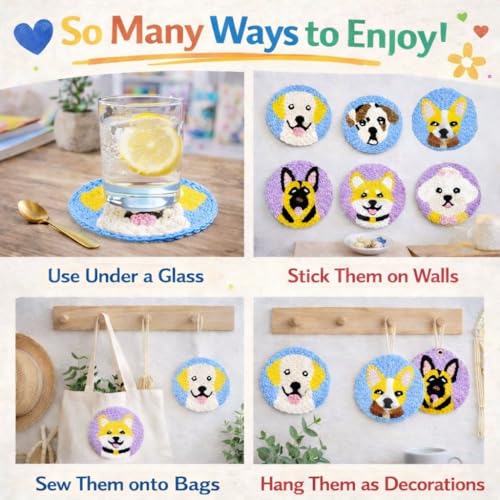 Image of Punch Needle Coaster Kit for Adults Beginners, Easy Punch Embroidery Starter Set with Instructions - Fun Mug Rug Making Kit for Table Decor & Festival DIY Gifts (6pcs Cute Dogs)