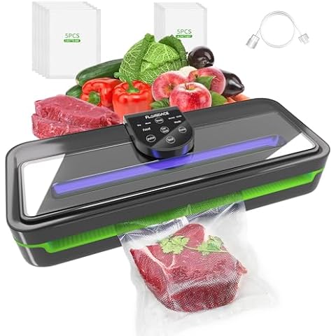 Vacuum Sealer Machine, 10-in-1 Upgraded Powerful Vacuum Sealer for Food, 85Kpa Fully Automatic Lock, See-through Glass Cover, with 10 Bags, Vacuum Sealing Hose, Built-in Cutter, Removable Drip Tray Cover