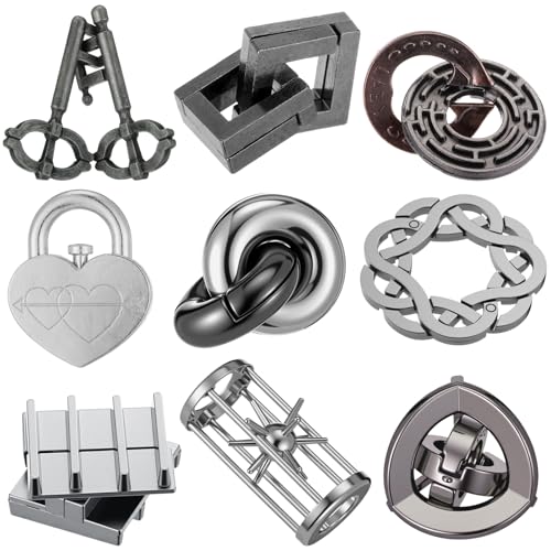 Wettarn 9 Pcs Metal Brain Teasers 3D Steel Puzzle Set, Engaging Style