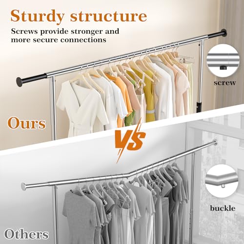 Wiracks Heavy Duty Clothes Rack for Hanging Clothes Extendable Rolling Clothing Rack for Hanging Clothes 350lbs Chrome 51 to 71" W x 16.53" D x 65" to 71" H 3" Industrial Wheels — view 6