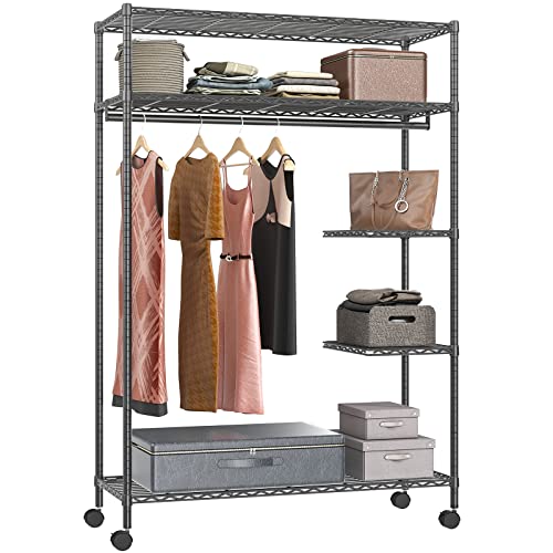VIPEK V11S Wire Garment Rack 5 Tiers Heavy Duty Adjustable Rolling Clothes Rack with Lockable Wheels, Freestanding Wardrobe Storage Rack Metal Clothing Rack, Max Load 452LBS, Black