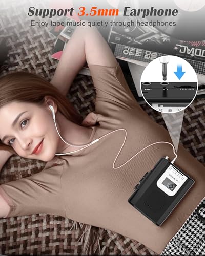Image of Portable Cassette Recorder-Cassette Tape Player with AM FM Radio-Compact Tape Player with 3.5mm Earphone & Microphone Jack-2AA Battery Power-Tape Recorder for Home