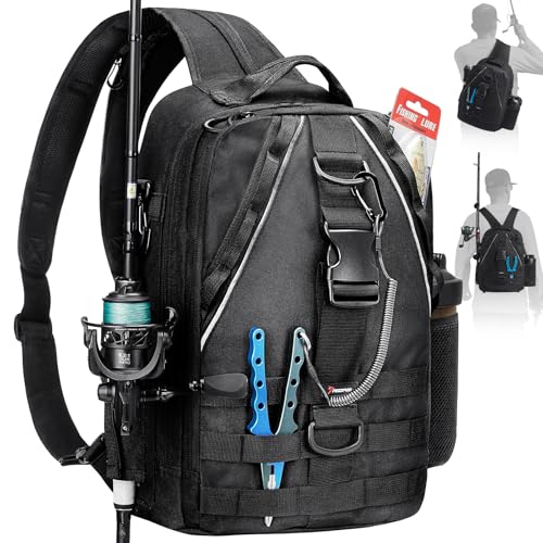 Image of Piscifun Fishing Backpack with Rod Holder, Lightweight Sling Bag Storge Gear and Equipment