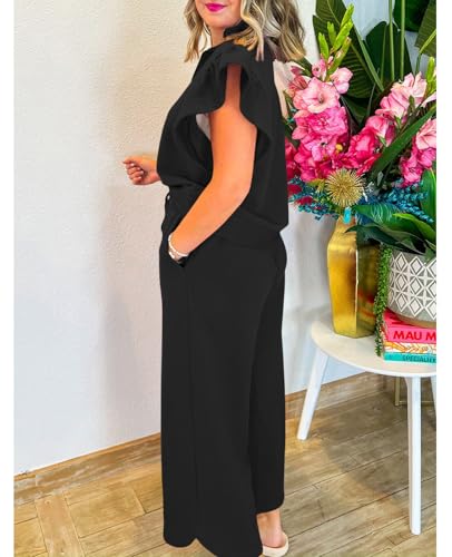 SELINK Two Piece Sets for Women Summer Outfits Ruffle Cap Sleeve Zip Top Wide Leg Pants Lounge Set Tracksuits3