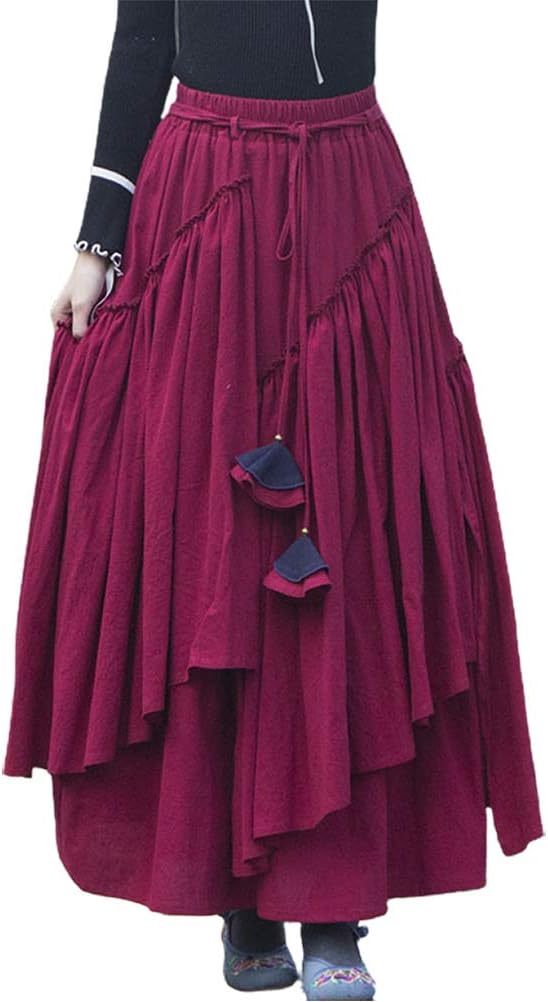 IDEALSANXUN Womens Elastic Waist Aline Cotton Lined Retro Maxi Hem Pleated Long Skirts