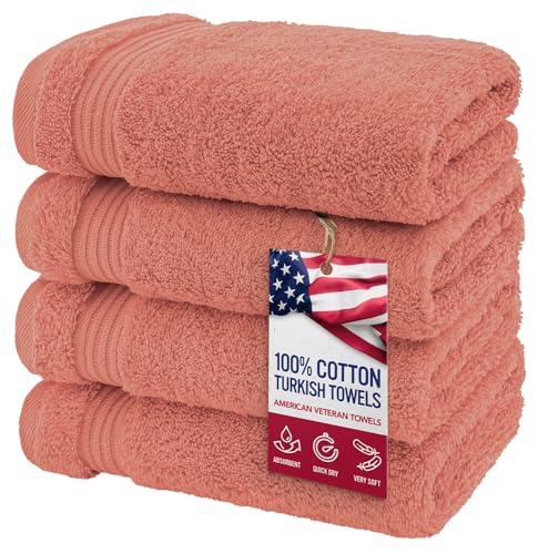 American Veteran Towel Hand Towels for Bathroom Set of 4 100% Cotton Turkish Hand Towel Sets Soft Hand Face Towels Coral Hand Towels