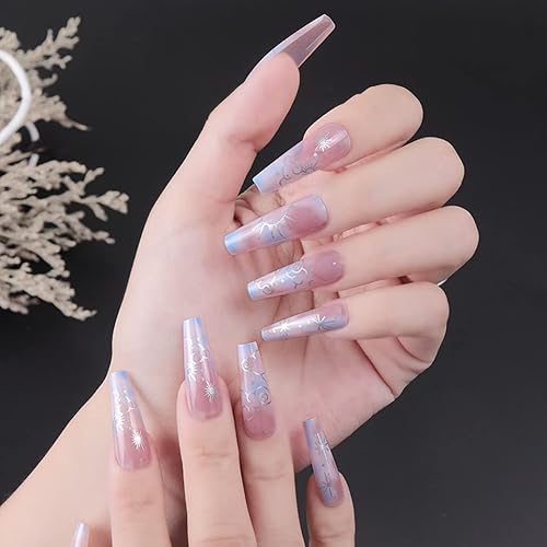 Uñas postizas francesas blancas con diseño de flores nude, uñas postizas de gel UV a presión para niña, cobertura completa, 24 piezas de puntas de