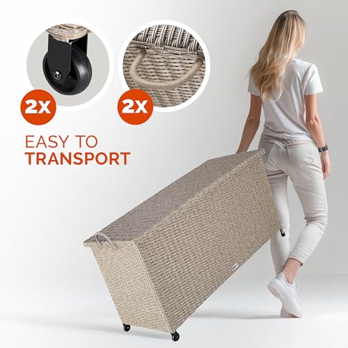 CASARIA® 270 Litre Rattan Garden Storage Box | Storage Boxes with Lids & Wheels | Waterproof UV Resistant | Inner Lining | 117x53x60cm Patio Furniture Cushion Storage Chest with Gas Lift Lid | Cream 7 CASARIA® 270 Litre Rattan Garden Storage Box | Storage Boxes with Lids & Wheels | Waterproof UV Resistant | Inner Lining | 117x53x60cm Patio Furniture Cushion Storage Chest with Gas Lift Lid | Cream - Image 7