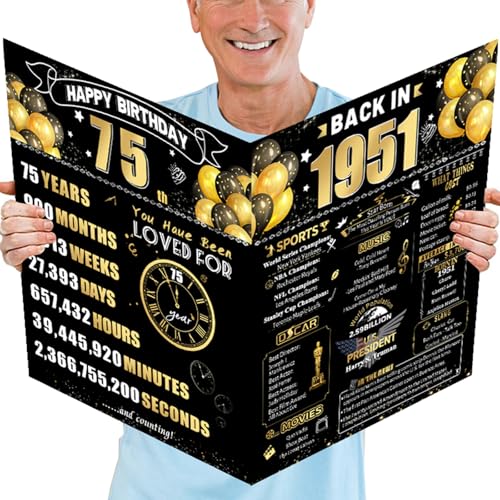 FOBELEC 75th Jumbo Birthday Card with Envelope, Black Gold Retro Birthday Decorations for Women and Men, 75 Year Old Funny Birthday Gifts for Grandma and Grandpa, Back in 1951