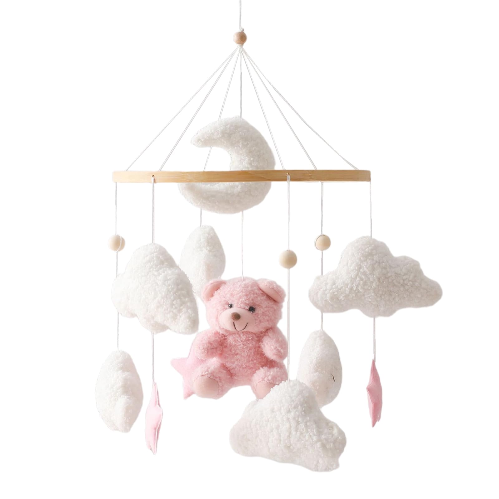 Uixxducc Mobile Baby Windspiele, Babybett Mobile 3D Bär Hase Kaninchen Wolken, Kinderzimmer Hängende Bettglocke, Neugeborenen Geschenk für Baby Jungen und Mädchen (Rosa Bär)